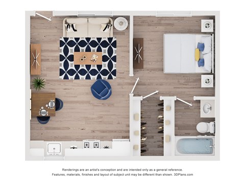 A top-down view of a modern bathroom with a large mirror, a bathtub, and a rug.